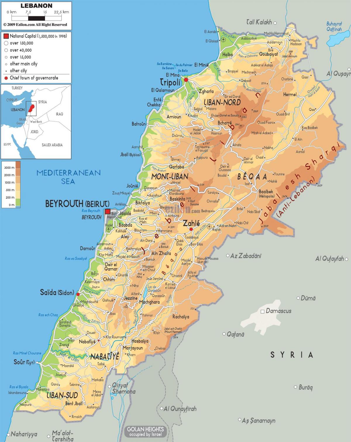 карта Лівана фізічнай